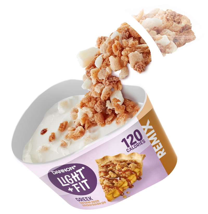 Caramel Apple Pie fat free yogurt with mix-in toppings: snickerdoodle pieces, white fudge chunks, and cinnamon sprinkles Caramel Apple Pie fat free yogurt with mix-in toppings: snickerdoodle pieces, white fudge chunks, and cinnamon sprinkles
