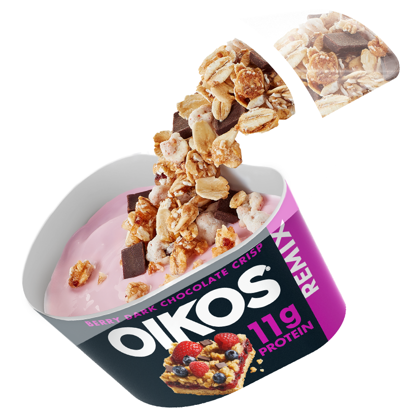 Mixed berry nonfat yogurt with mix-in toppings: white fudge chunks, coated berry granola, and dark chocolate. Excellent source of protein* Mixed berry nonfat yogurt with mix-in toppings: white fudge chunks, coated berry granola, and dark chocolate. Excellent source of protein*