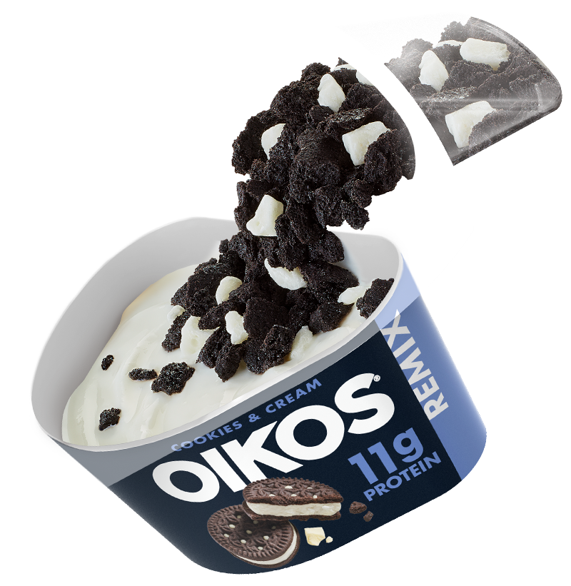 Vanilla nonfat yogurt with mix-in toppings: cocoa cookie crumble and white fudge chunks. Excellent source of protein* Vanilla nonfat yogurt with mix-in toppings: cocoa cookie crumble and white fudge chunks. Excellent source of protein*